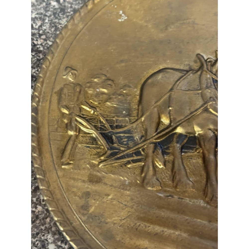 Vintage Embossed Brass Wall Plate Decorative Plate Made in England Horse & Plow - Picture 4 of 16
